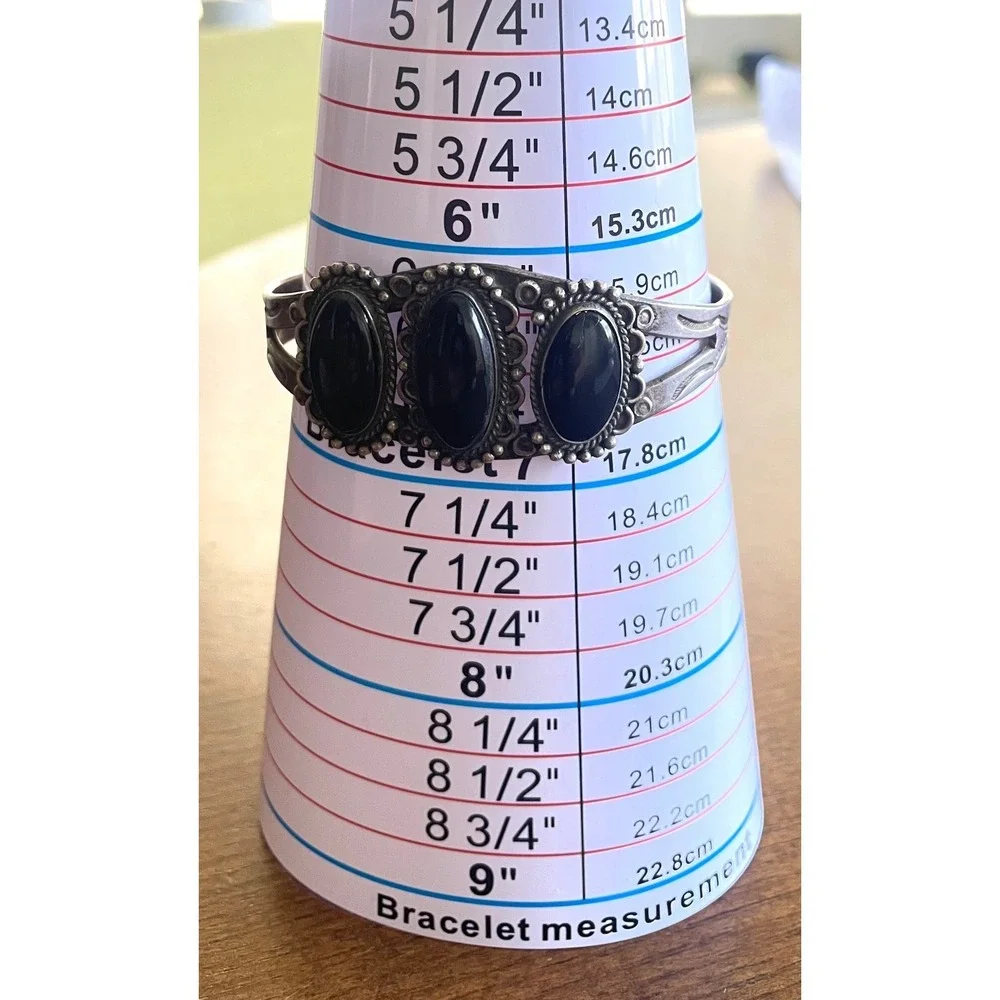 Black Onyx 3 Stone Silver Cuff Bracelet Handcrafted Southwestern 30.35g